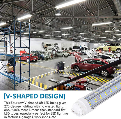 10PCS, LED Shop Light 8FT Tube, 2 Pin LED Tube Lights 270 Degree Angle, V Shaped 4 Row LEDs,R17D HO Rotatable LED Bulb, 144W, Clear Cover, Cold White 6000k, Fluorescent Tube Replacement