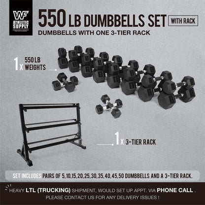WF Athletic Supply Rubber Encased Hex Dumbbells with Rubber Grip Contoured Handle for Muscle Toning, Strength Building & Full Body Workout