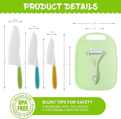 Kids Knifes Set,Children's Nylon Knives Safe Baking Real Cutting Cooking Childrens Knife Beginners Plastic Cut Fruits Salad Fun Firm Grip Toddler Chopping Friendly With Board Peeler 5Pack (green)