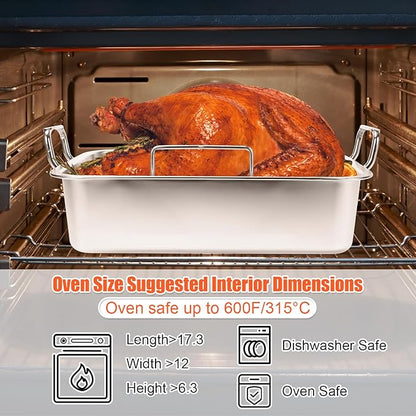Nonstick Roasting Pan, 15 Inch Stainless Steel Turkey Pan with V-Shaped Rack &Cooling Rack - Rectangular Roaster for Turkey, Chicken, Vegetables,Healthy & Dishwasher Safe - Fits 20lb Turkey