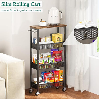 XYZLVSI Slim Storage Cart 4 Tier Narrow Kitchen Rolling Cart on Wheels for Small Space, Mobile Utility Cart Shelving Unit with Wooden Top and Metal Handle for Kitchen, Bathroom, Laundry Room
