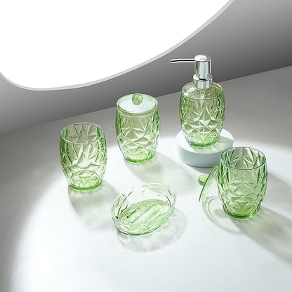 Modern Shatterproof Acrylic Olive Green Bathroom Accessories Set – 5-Piece Glass-Free Vanity Set with Soap Dispenser, Toothbrush/Makeup Brush Holder, 2 Cotton Jars with Lids, and Soap Dish