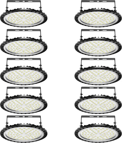 Viugreum 10 Pack 300W UFO LED High Bay Lights, 30000LM 6000K-6500K Daylight White Ultra Thin LED Warehouse Lighting, IP65 Waterproof Commercial Bay Lighting Garage Shop Area Light
