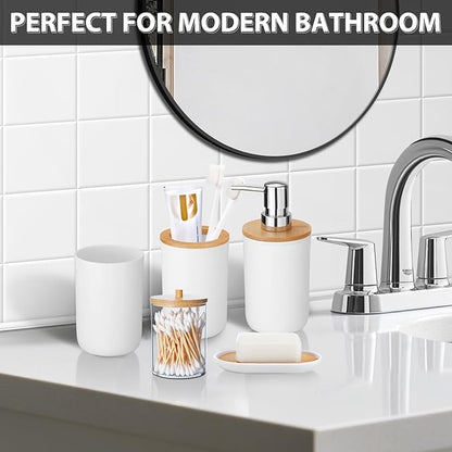 iMucci Bathroom Accessories Set 5Piece White Bathroom Sets, Toothbrush Holder, Toothbrush Cup, Lotion Soap Dispenser, Soap Dish and Qtip Holder Bathroom Decor