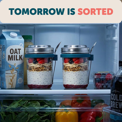 Overnight Oats Jars with Lids and Spoon - Glass Chia Pudding Containers - 16 oz Leakproof Mason Jar for Oatmeal - Wide Mouth To Go Meal Prep Cup with Measurement Markings - 1 Pack