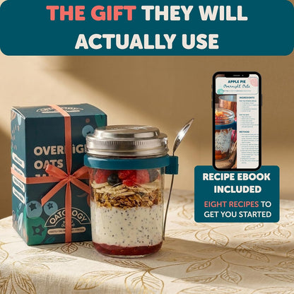Overnight Oats Jars with Lids and Spoon - Glass Chia Pudding Containers - 16 oz Leakproof Mason Jar for Oatmeal - Wide Mouth To Go Meal Prep Cup with Measurement Markings - 1 Pack