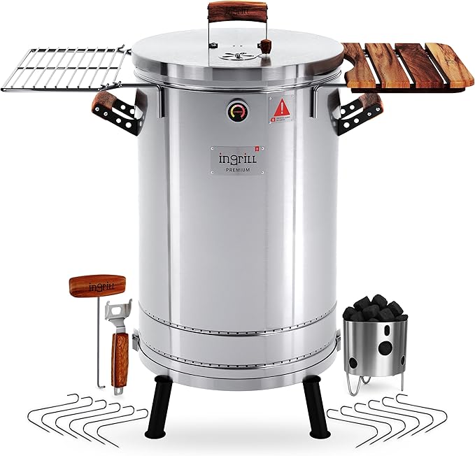 3-in-1 Stainless Steel Smoker Barrel Grill Premium – Portable Charcoal BBQ with Thermometer, 40 lbs Outdoor Cooking Smoker for Camping, Backyard & Home BBQ INGRILL