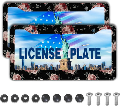 Fun License Plate Frame Protector License Plate Frames for Women Pink and Cream Dark Floral Universal Aluminum Car Accessory 2 Pack with Screw Covers Set