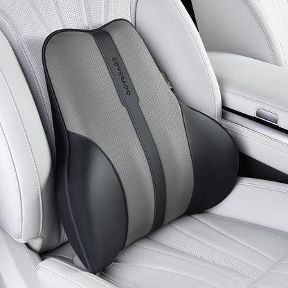 Coverado Lumbar Support Pillow for Car, Ergonomic Memory Foam Back Pillow for Office Chair, Back Cushion for Back Pain Relief, PU Leather Car Lumbar Support for Driving Seat - Black&Gray