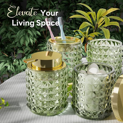 Bathroom Accessory Set with Plastic Wicker Basket,Glass Bathroom Accessories Set Green Bathroom Sets Bathroom Set, Diamond Soap Dispenser and Toothbrush Holder Set for Bathroom Decor