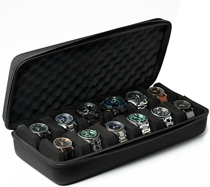 12 slots Watch Case, hard watch travel case, storage box, padded case for watch display and organization