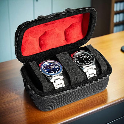 Hard Compact Watch Roll travel case, 2 Slots Portable holder and Organizer with Soft Pillow, keep watch from moving Deluxe red Lining (fit up to 55 mm)