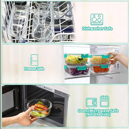 30 Pieces Glass Food Storage Containers with Upgraded Snap Locking Lids,Glass Meal Prep Containers Set - Airtight Lunch Containers, Microwave, Oven, Freezer and Dishwasher Friendly (Green)