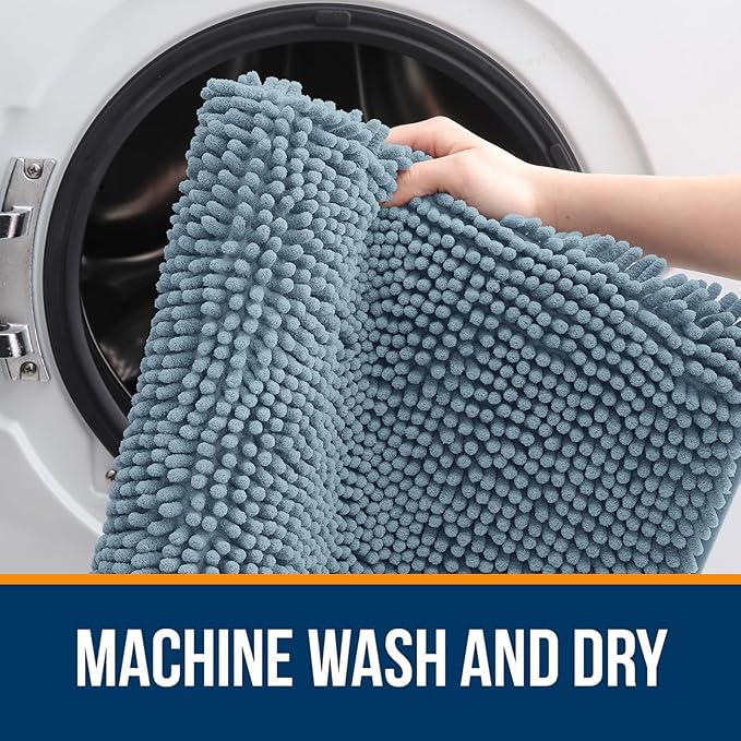 OLANLY Bathroom Runner Rugs 47x24, Soft Absorbent Chenille Bath Rugs, Rubber Backing Quick Dry, Machine Washable Long Bath Mats for Bathroom Floor, Tub and Shower, Home Decor Accessories, Airy Blue