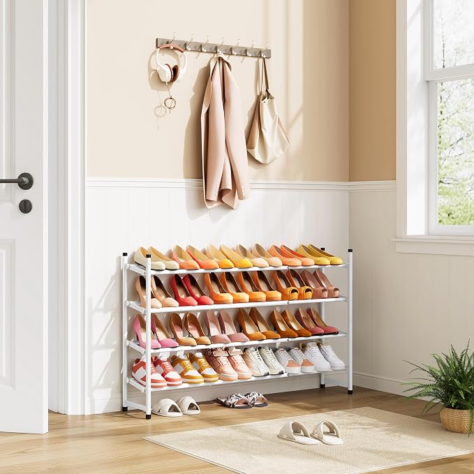 Tajsoon Expandable Shoe Rack for Closet 4 Tier, 29“-41“Adjustable & Stackable Shoe Shelf Storage, Metal Shoe Rack Organizer for Front Door Entrance, Closet, Garage, Entryway, White