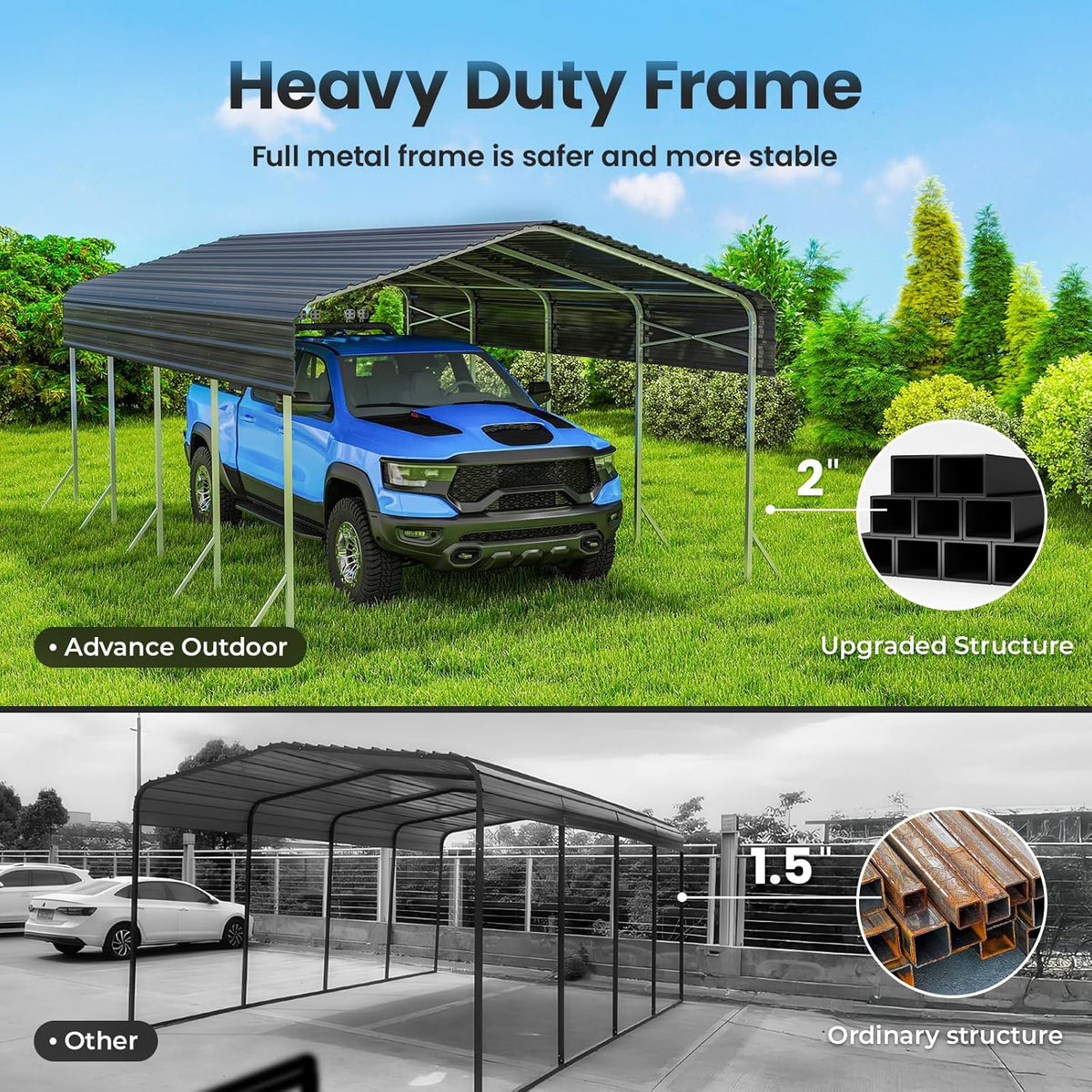 12x20ft Heavy Duty Metal Carport – Outdoor Galvanized Garage, Sturdy Structure, All-Weather Protection, Easy Assembly for Cars, Trucks, Boats, Tractors, and Outdoor Storage (Grey, 12x20FT)
