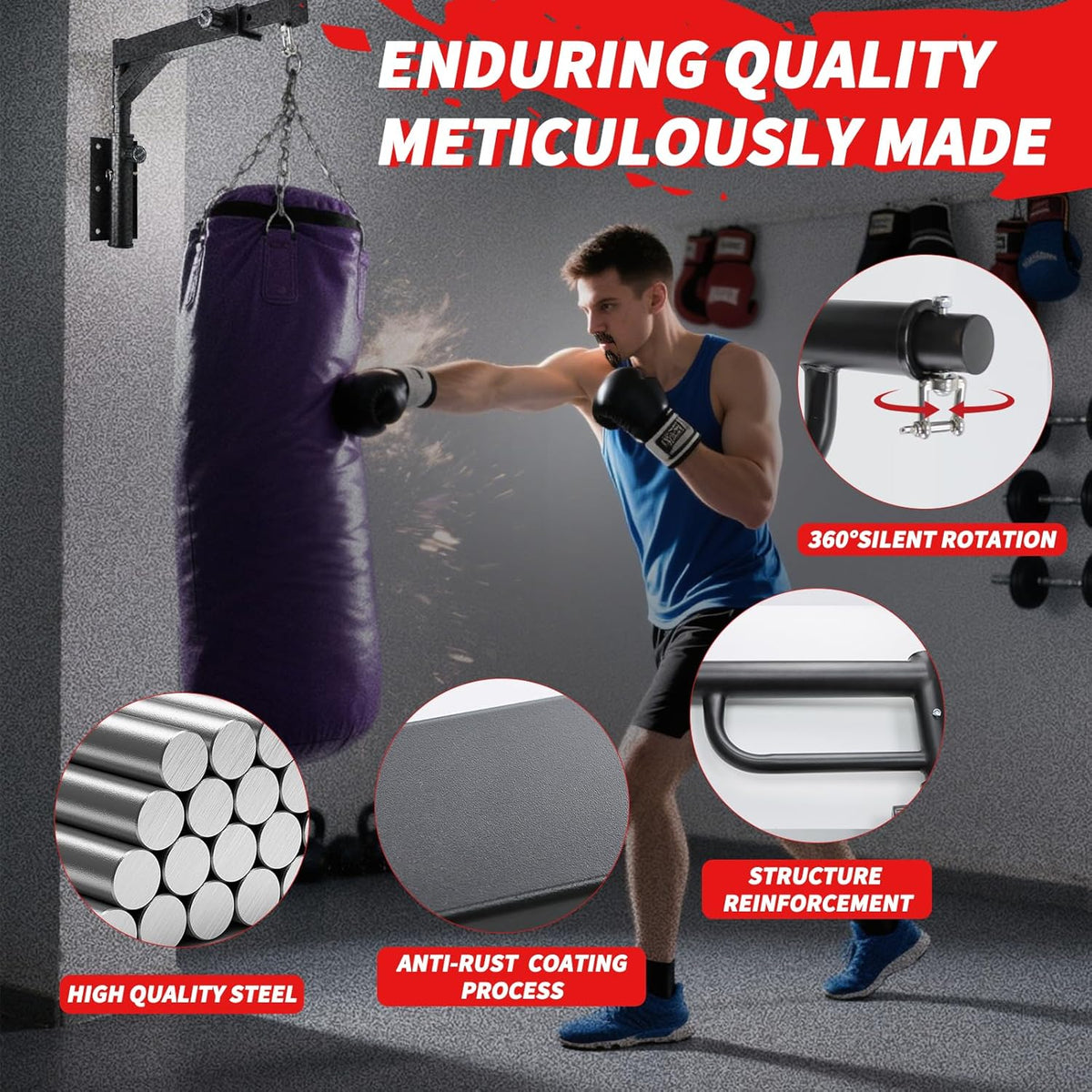 Heavy Bag Hanger Wall Mount Punching Boxing Bag Bracket -Round Tube,Heavy Duty Adjustable Length & Height for Boxing, Taekwondo, Muay Thai Bags,for Home Gym Installation