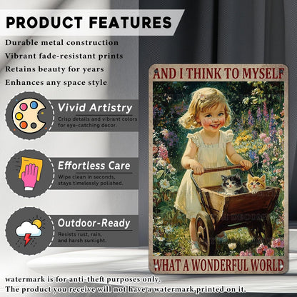 Garden Girl Metal Tin Sign Wall Art Rustic Vintage Outdoor Decor And I Think To Myself What A Wonderful World Quote 12 * 8inch