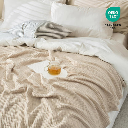 Carriediosa 100% Cotton Muslin Throw Blanket 50" X 70" Throw XL Size，4-Layers Summer Gauze Throws for Bed Couch，Soft Lightweight Breathable Linen Blankets Bedspread for Adults All Season，Khaki