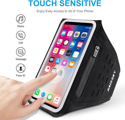 Running Armband with Earphone Bag Cell Phone Armband for iPhone 16 15 Pro 14 Plus 13 11 XR XS, Galaxy S24/S10 Water Resistant Sports Phone Holder Case & Zipper Slot Car Key Holder for 6.9 inch Phone