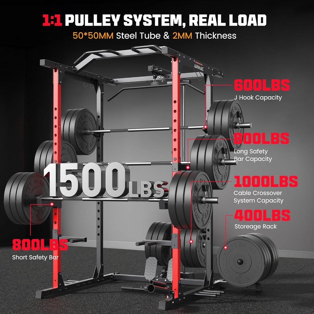 ARMAC Power Cage,1500lbs Multi-Function Power Rack with Adjustable Cable Crossover System and More Training Attachment, Weight Cage for Home Gym