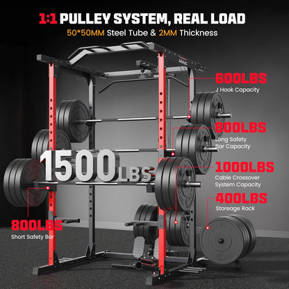 ARMAC Power Cage,1500lbs Multi-Function Power Rack with Adjustable Cable Crossover System and More Training Attachment, Weight Cage for Home Gym