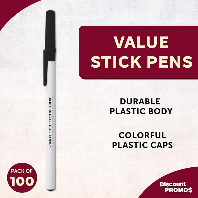 DISCOUNT PROMOS Custom Value Stick Pens Set of 100, Personalized Bulk Pack - Black Ink, Great for Office, School, Business, Tradeshows, Events - Black