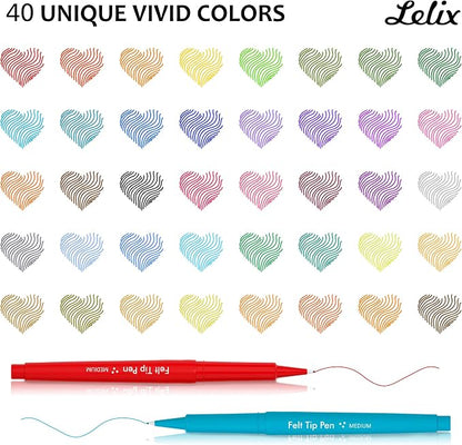 Lelix 40 Colors Felt Tip Pens, Medium Point Felt Pens, Assorted Colors Markers Pens For Journaling, Writing, Note Taking, Planner Coloring, Perfect as Art Office and School Supplies