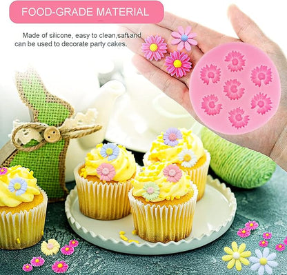 4Pcs Rose Flower Silicone Molds Daisy Chrysanthemum Silicone Molds Small Flower Shapes Fondant Cake Chocolate Molds Polymer Clay Resin Mold for Cake Decoration Candy Ice Cube Soap Wax Making DIY Craft