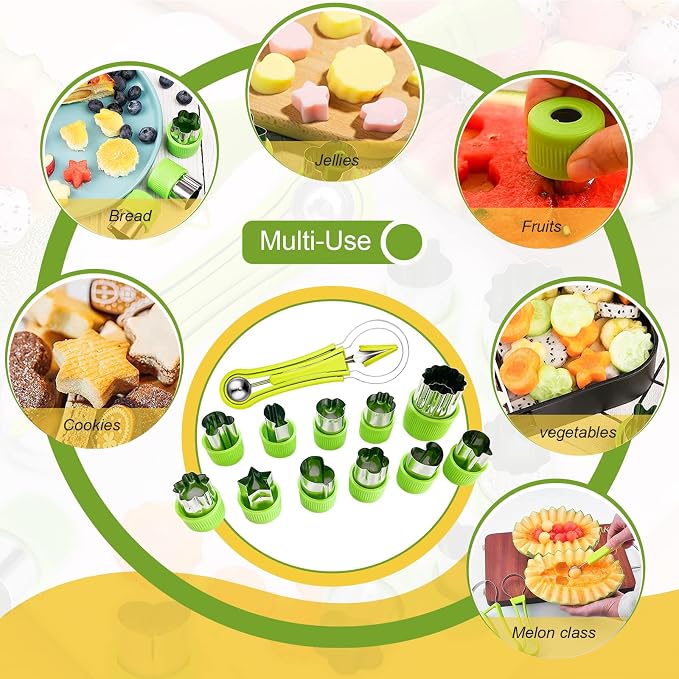 18pcs Melon Baller Scoop Set, FODIENS 4 In 1 Stainless Steel Fruit Slicer Peeler Set, Avocado Slicer Orange Peeler Fruits Vegetables Carving Tools Set with Mini Fruit Cookie Cutters Set