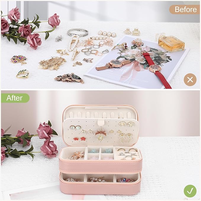 DesignSter Small Travel Jewelry Box with Double Zipper, 2 Layers PU Portable Jewelry Case for Women and Girls,Travel Jewelry Organizer for Rings, Earrings, Necklaces, Bracelets,Pink