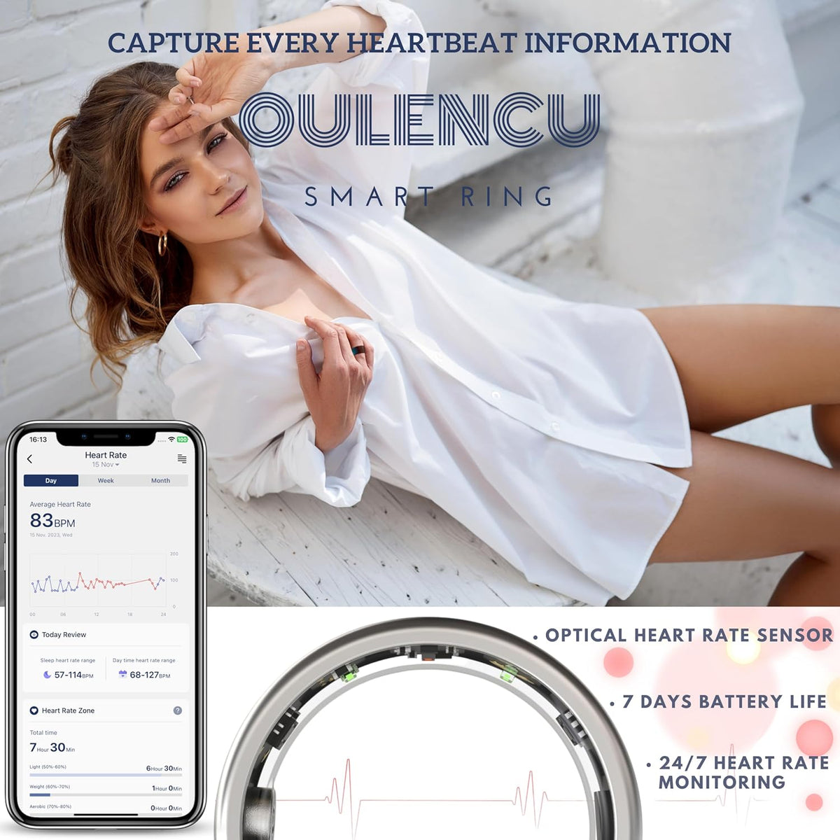 Smart Ring for Women Men Fitness & Sleep Tracker with Heart Rate, SpO2, Stress, Cycle Monitoring, Step Counter, IP68, No Subscription (Gold, #10-62.1mm/2.44")