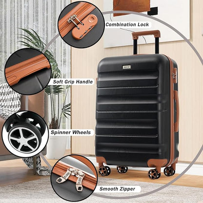 Merax Luggage Set 6 Piece, Hardshell ABS Suitcases with 8 Silent Spinner Wheels, Durable and Lightweight Travel Luggage for Family Trips, Black Brown