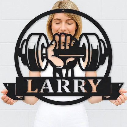 Personalized Metal Gym Sign - Custom Name Barbell Dumbbell Laser Cut Weightlifting Exercise Wall Decor