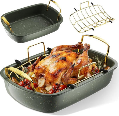 Nonstick Roasting Pan, 17 Inch x 13 Inch Large Roaster Pan with Removable Rack, Roaster for Roasting Turkey, Meat & Vegetables (Green）