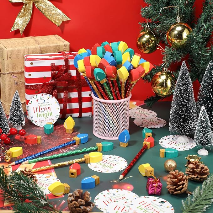 Geyoga Christmas Pencils Erasers Gifts Set with Bulb Eraser Topper, 100 Set