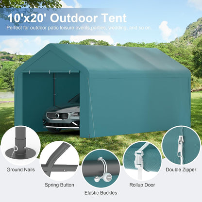 Carport, 10‘ x 20’ Heavy Duty Portable Garage All-Season Car Canopy w/Removable Sidewall & Doors, Carport Canopy Party Tent w/Water-Resistant Tarp for Backyard (Green, 10‘ x 20’)