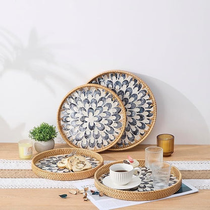 Round Rattan Tray with Mother of Pearl Inlay, Rattan Serving Tray with Wooden Base, Decorative Wicker Basket for Table Decor, Storage and Display of Coffee Bread Food Fruit (Plume 13.5")