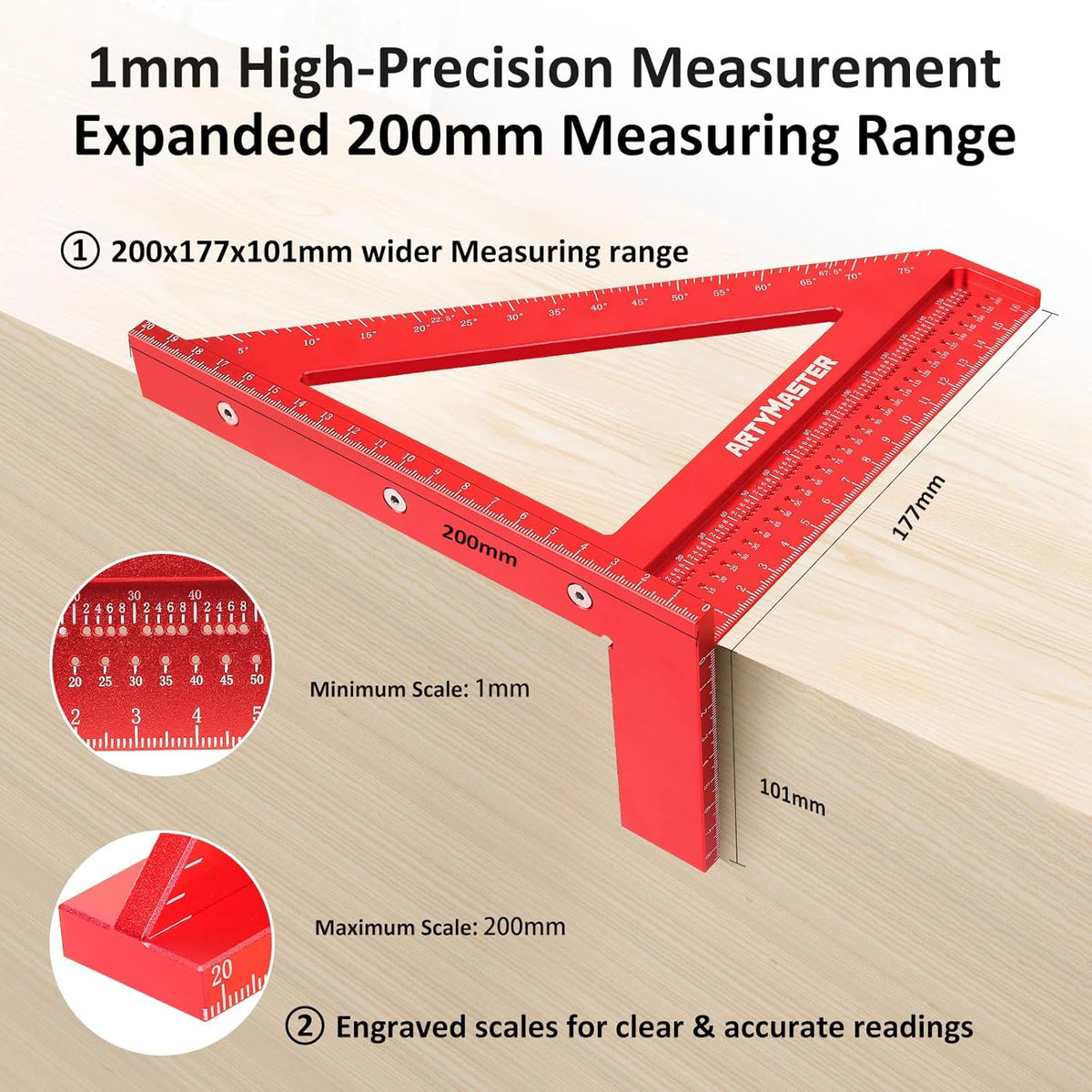 200mm 3D Multi-Angle Measuring Square Ruler, WT103D High Precision Hole Scribing Woodworking Tools, 0-90° Aluminum Alloy Carpenter Square Wood Working Tools, Carpenter Pencils 6 Refills.