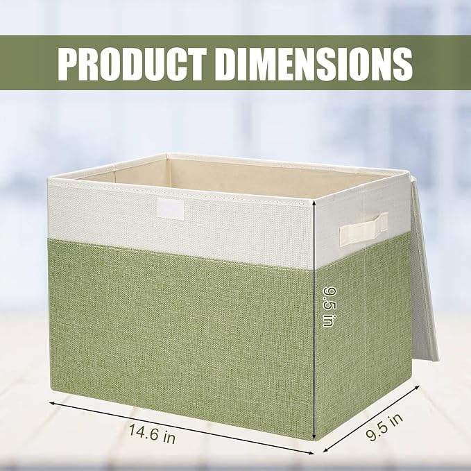 Large 17" 42 Quarts Collapsible Stackable Storage Bins with Lids [3-Pack] Foldable Fabric Linen Storage Boxes Cube, Closet Organizer Baskets with Label for Home (16.7 x 12 x 12", Green & White)