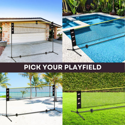 Complete Badminton Sets (10FT/17FT) Adjustable Width, Adjustable Height (2.8/5.1/7.4FT), Badminton Pickleball Volleyball Set with Net, 4Racket+4Paddels+Volleyball for Outdoor Family Game.