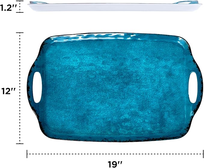 TP Serving Trays with Handles, 19 Inch Large Rectangular Melamine Serving Platter Set of 2, Retro Teal