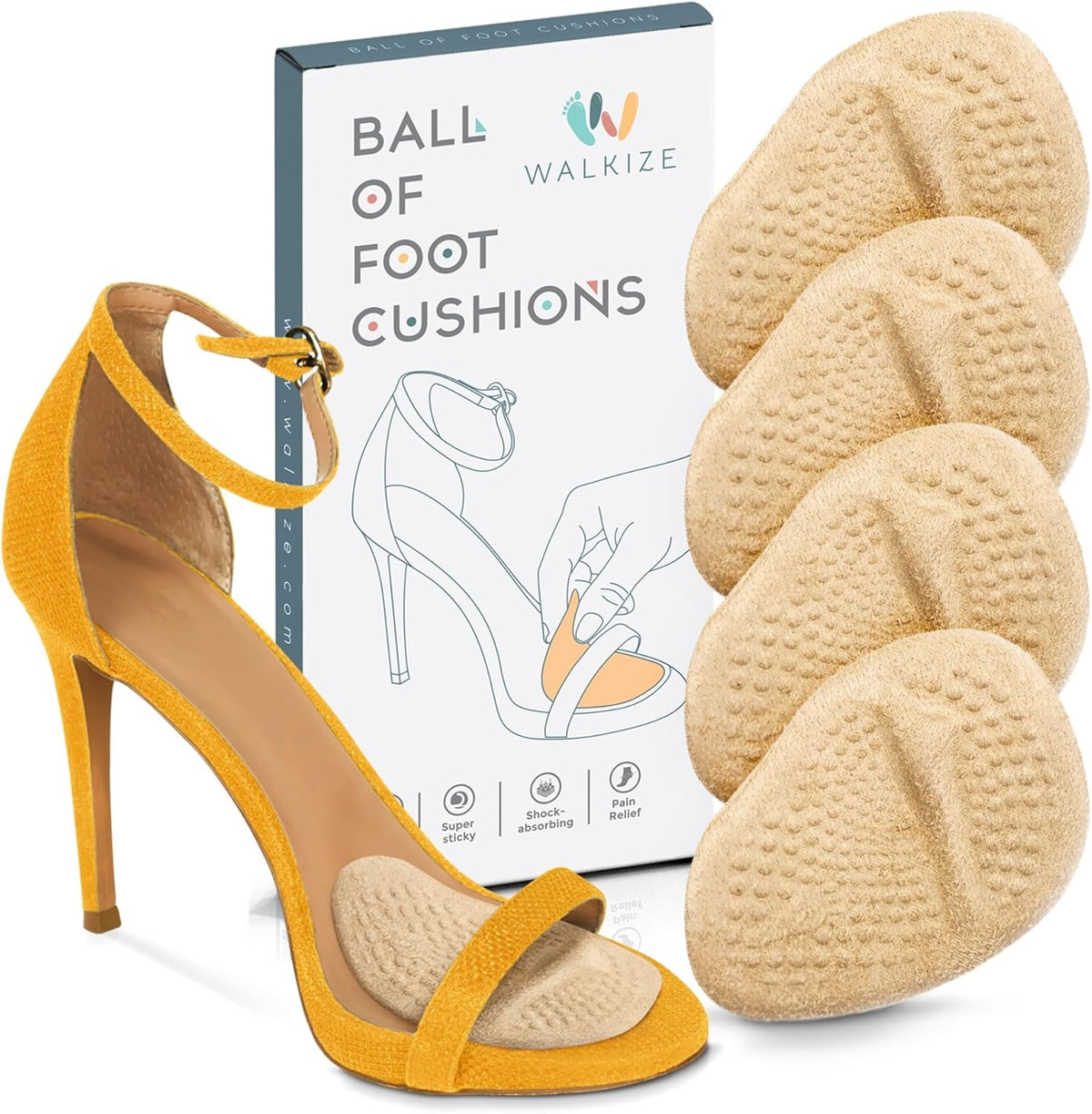 Walkize Metatarsal Pads Women | Heel Inserts for Women | Ball of Foot Cushions (2 Pairs Foot Pads) All Day Pain Relief and Comfort One Size Fits Shoe Inserts (Beige)
