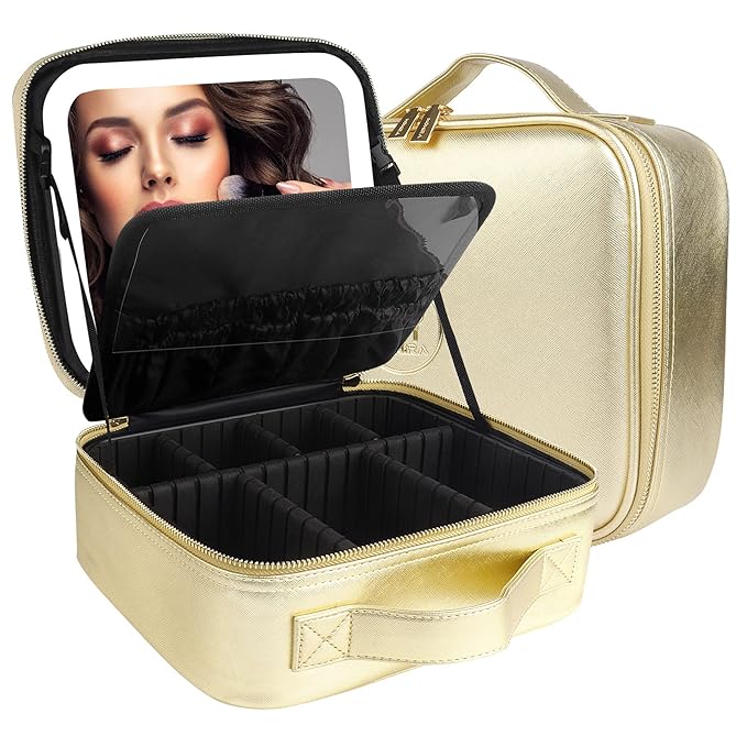 MOMIRA Makeup Bag with Mirror and Light Travel Makeup Train Case Cosmetic Bag Organizer Portable Artist Storage Bag with Adjustable Dividers Makeup Brushes Storage Organizer Golden