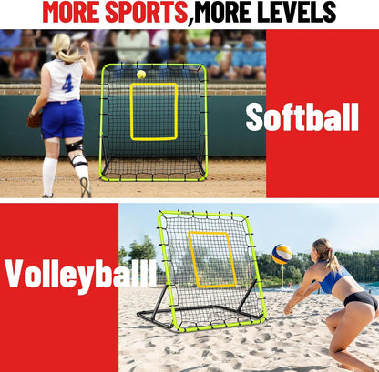 Baseball Rebounder Net 4x4.5FT - 5 Adjustable Angles Baseball Training Equipment for Ground, Line Drive & Fly Balls, Soccer Softball Volleyball Rebounder, Bounce Back Net with Hangbag