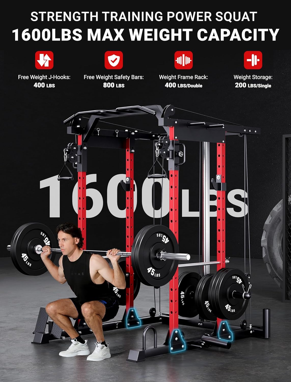 YOLEO Smooth Dual Pulley System Power Cage, 1600LBS Adjustable Cable Crossover Power Rack, Multi-Functional Squat Rack for Home Gym with More Training Attachment