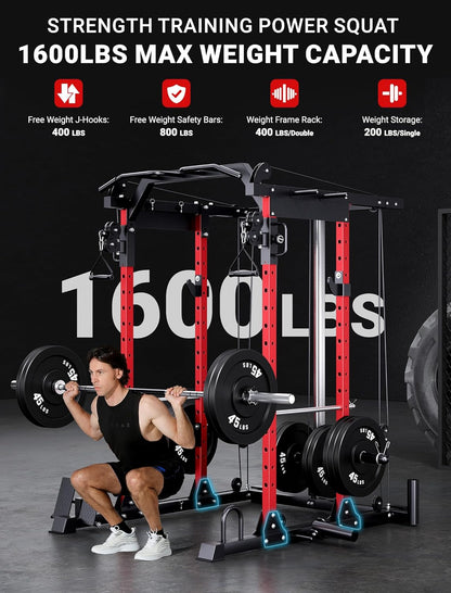 YOLEO Smooth Dual Pulley System Power Cage, 1600LBS Adjustable Cable Crossover Power Rack, Multi-Functional Squat Rack for Home Gym with More Training Attachment