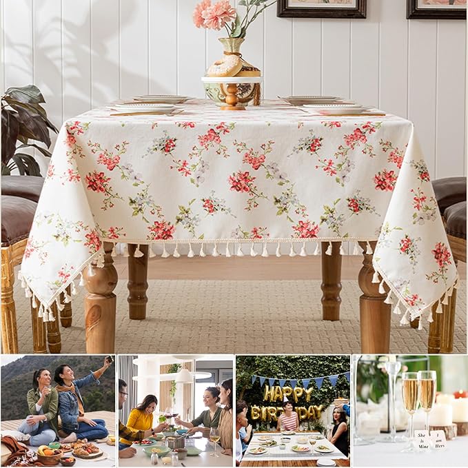 Rectangle Tablecloth Pastoral Style, Waterproof & Stain Resistant Table Cloth Wrinkle Free Table Cover for Dining/Kitchen/Patio, Washable Indoor & Outdoor Use, 55"X70" Red