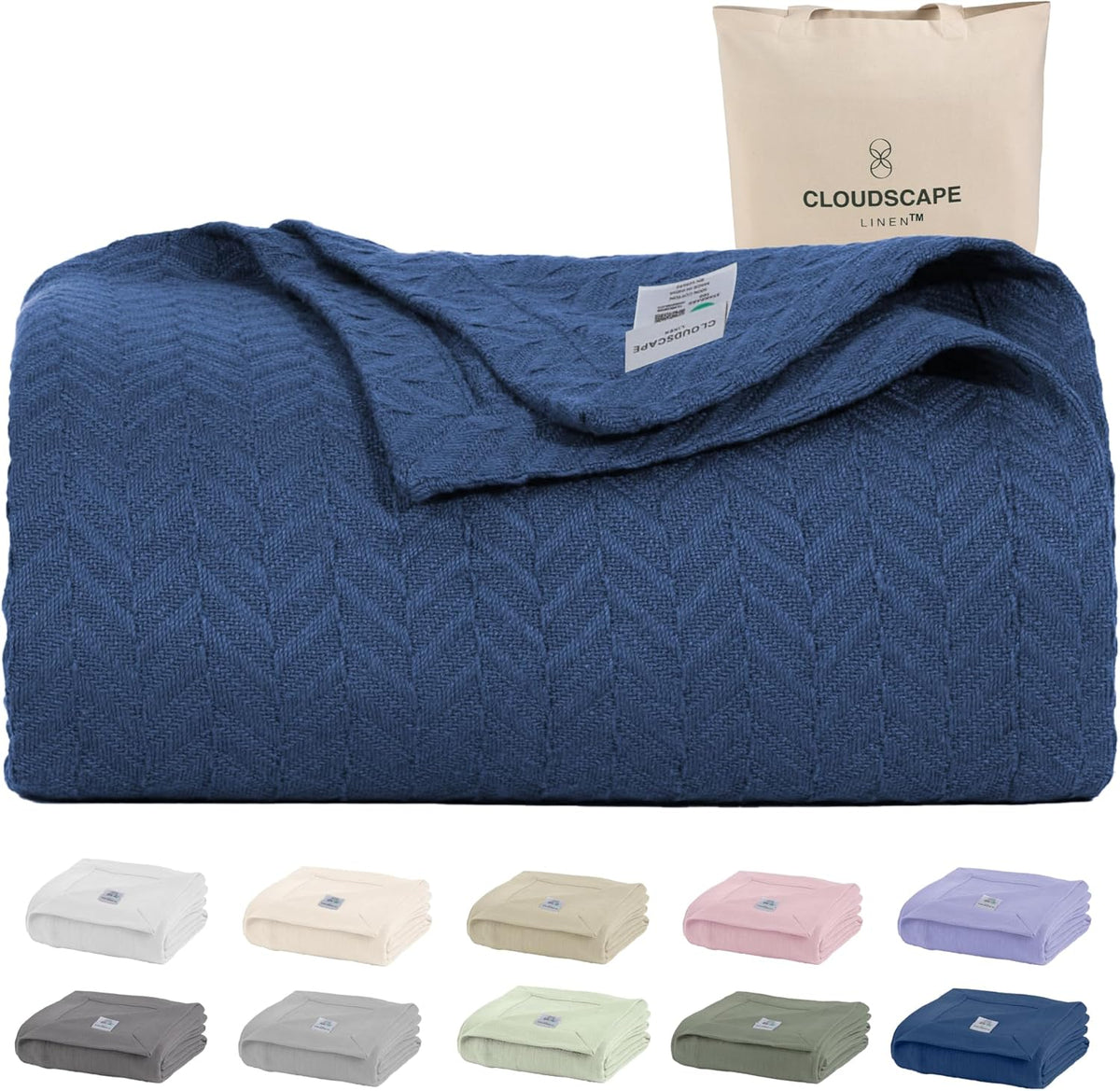 Herringbone Cotton Twin Blanket for Couch, Bed,Sofa, Home Decor, Soft, Lightweight, All-Season Bed Blanket, 68 x92, Ensign Blue