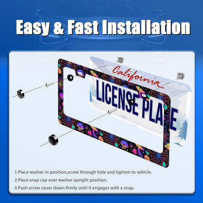 Hippie Mushroom License Plate Frame Mushrooms License Plate Stainless Steel Funny License Plate Holder Colorful Car Accessory with Screws Car Decoration 12.3" x 6.3" for Men Women